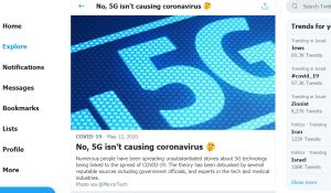 טוויטר נלחמת בקונספירציית 5G קורונה. צילומסך: טוויטר